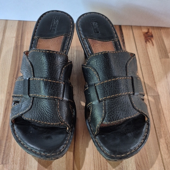 Born Dark Brown Leather Slip On Wedge Sandals - Picture 1 of 9